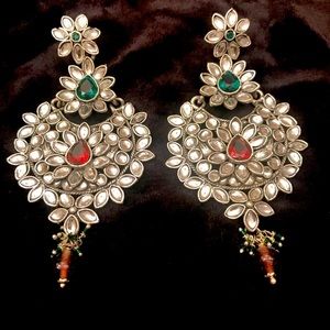Indian Pakistani Jewellery- Silver Kundan Earrings